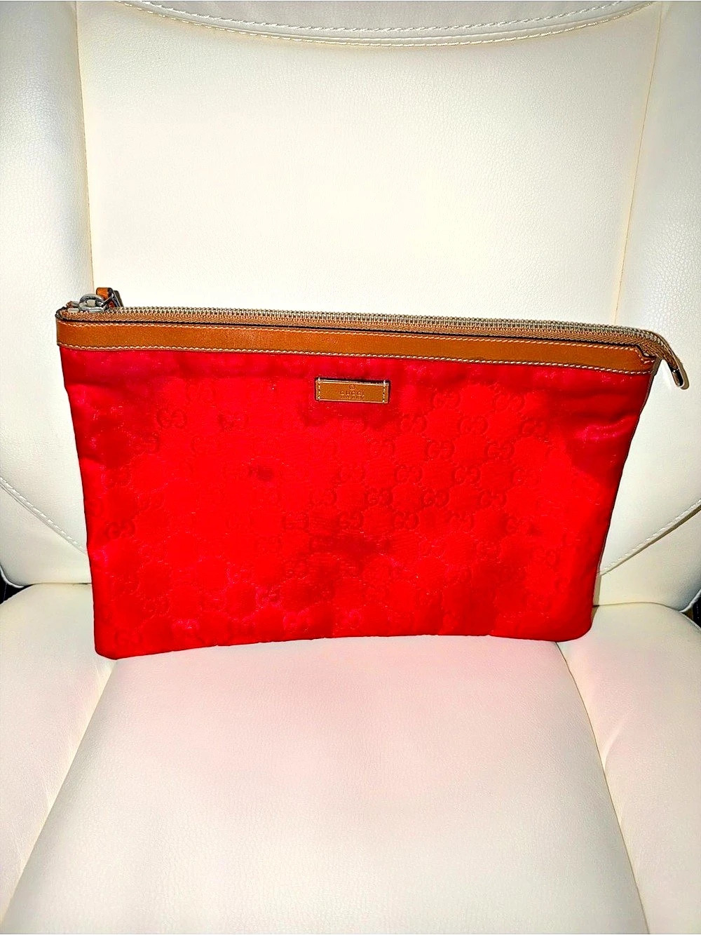 Gucci GG Monogram Canvas Zip Clutch Pouch Red & Brown